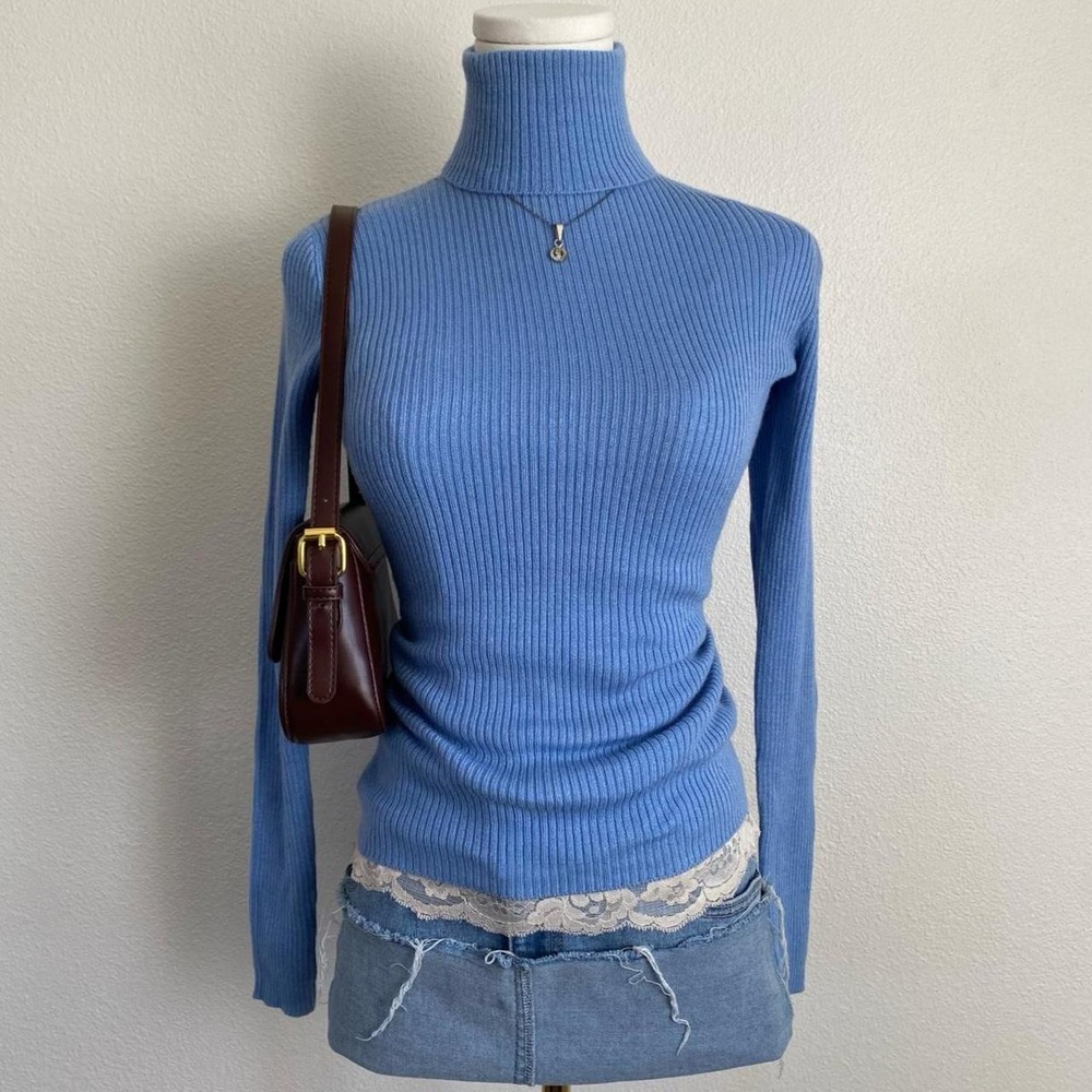 Y2K Old Navy Wool Blue Ribbed Knit Turtleneck Sweater Long Sleeve Cottage Preppy